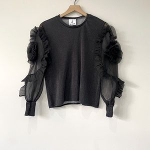 The Gallery black gold metallic organza sheer puffy sleeves knit top X large